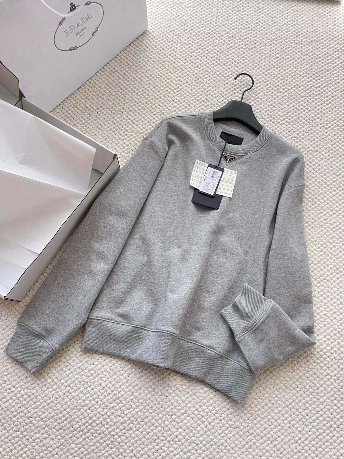 Prada Men's And Women's Spring And Fall Logo Applique Solid Color Round Neck Pullover Long Sleeve Sweater #73643
