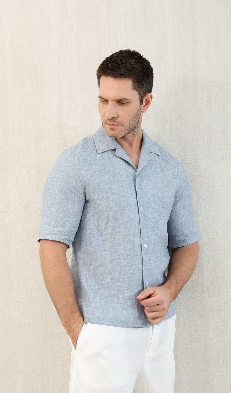 Brunello Cucinelli Men's Linen Loose Summer Single-Breasted Solid Color Lapel Short Sleeve Shirt Ngvp #1454