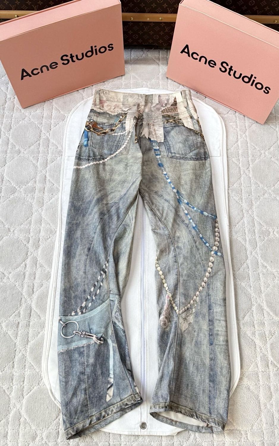Acne Studios Men's & Women's Lace Pearl Chain 3D Print Four-Season Relaxed Mid-Rise Straight-Leg Curved Hem Denim Pants #81549
