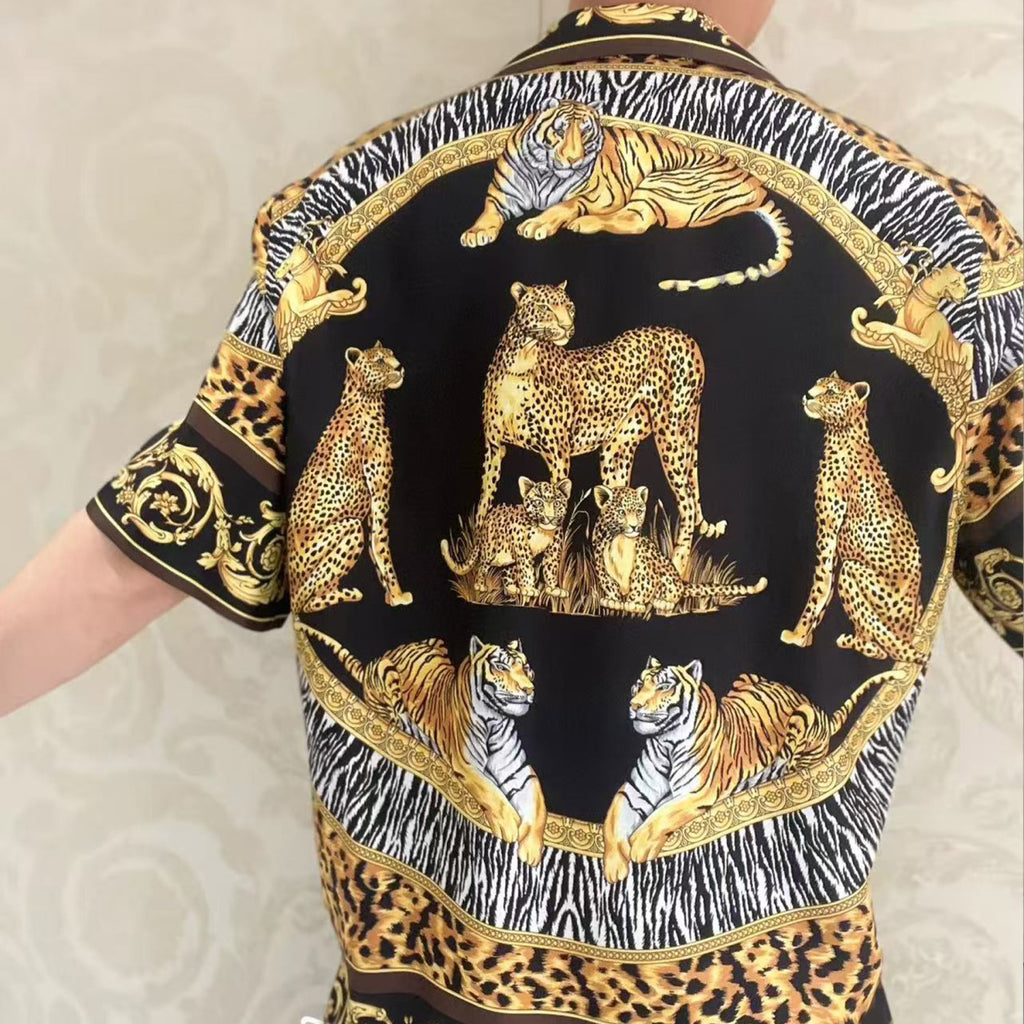 Versace Wild Cats Silk Lapel Shirt Shorts Set Men's Luxury Temperament Casual Single-breasted Shirt Elastic Waist Shorts Suit Set Ngvp #2444
