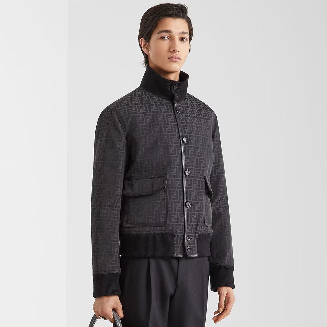 Fendi Men's Blouson FF Jacquard Fabric Winter Logo Printed Single Breasted Zip Jacket #97458