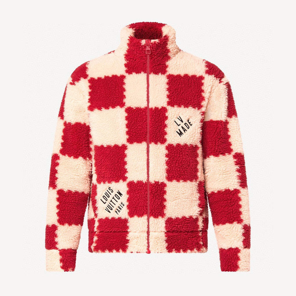 Louis Vuitton Men's Winter Red and White Plaid Lamb's Wool Zipper Jacket #96984