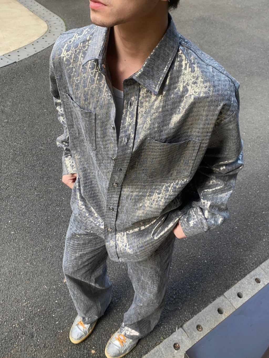 Dior Men's Autumn And Winter Grey Logo Full Print Old Single-Breasted Long-Sleeved Shirt Pants Suit Set #97715