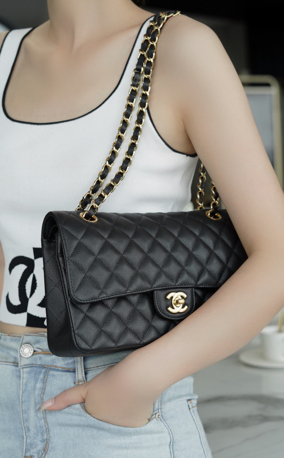 Chanel Women Classic Flap Solid Color Particle Embossed Calfskin Chain Bag Mouth Cover Bag Casual Shoulder Bags CF #71675