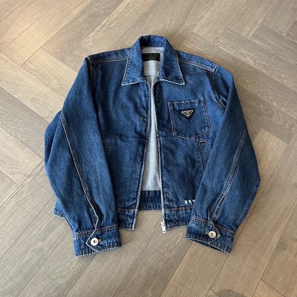 Prada Women's Spring/Fall Fashion Casual Zipper Collar Logo Triangle Emblem Denim Jacket #78971