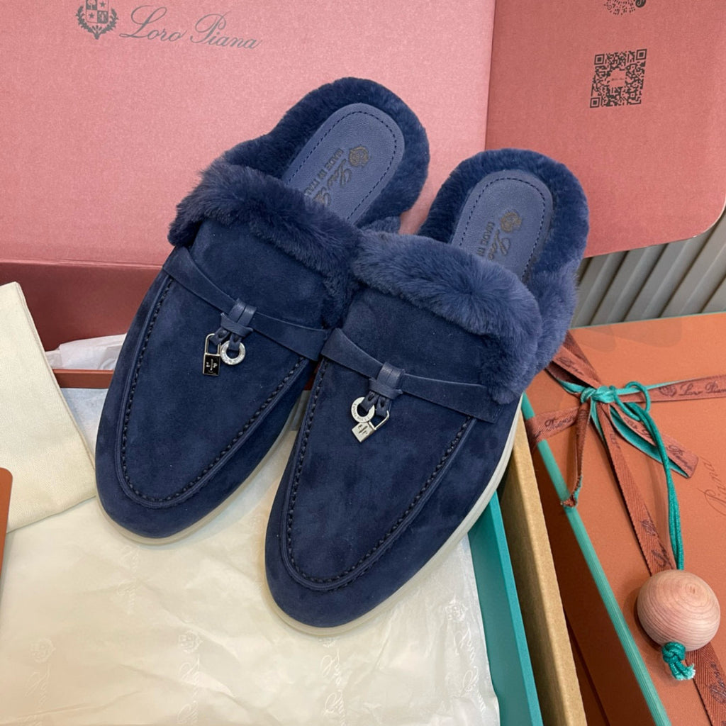Loro Piana Women's Winter Fashion Casual Round Toe Slip On Beaver Fur Slippers Leather Rubber Sole Covered Toe Slippers  Shoes #78588