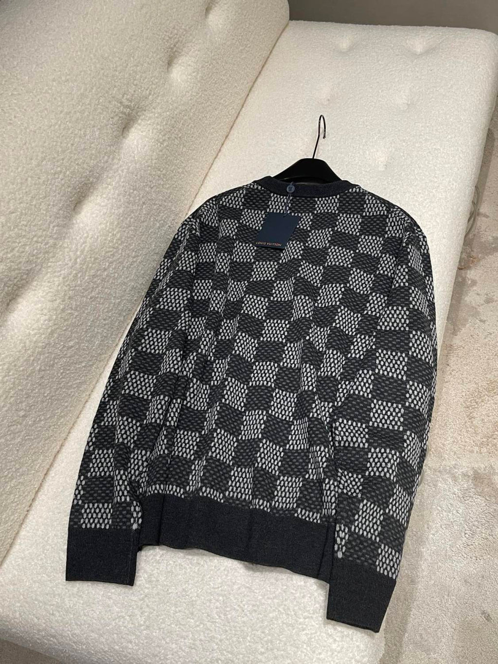 Louis Vuitton Men's Spring and Autumn Black Checkerboard Print Logo Pattern Round Neck Long Sleeve Sweater #73789