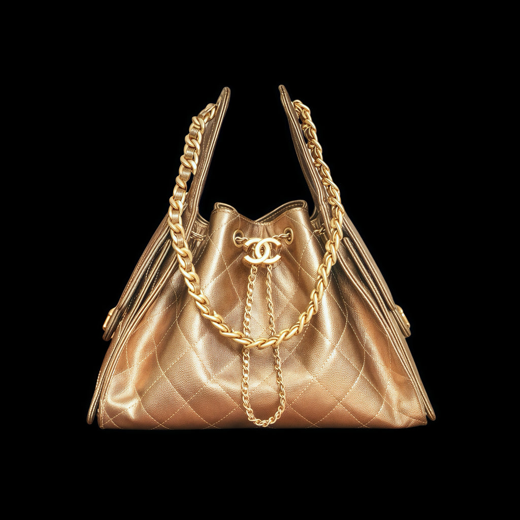 Chanel 25C Women's Classic Double C Logo Solid Color Cowhide & Leather Tote Shoulder Bag Bags Metallic-colored Leather Tends To Fade Easily #77139