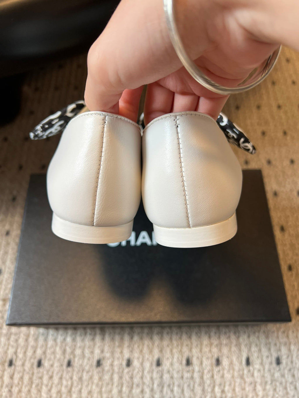 Chanel Mary Janes Lambskin Silk Grosgrain White Black #334248