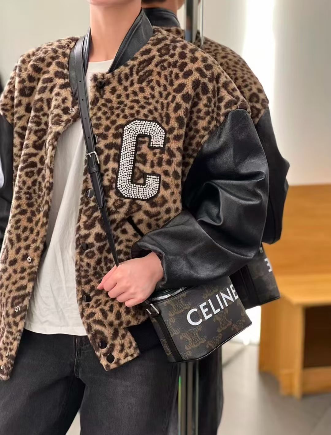 Celine Crystal-Embellished Leopard-Print Bomber Jacket #336558