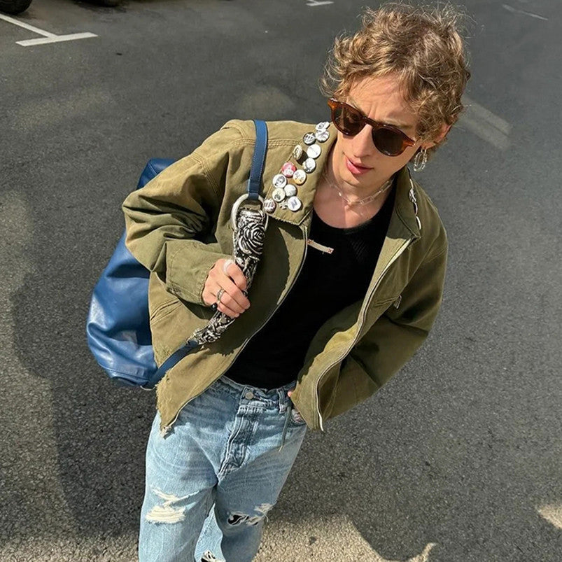 Enfants Riches Deprimes Men's Women's Spring And Autumn Lapel Faded Old Badge Solid Color Loose Long Sleeve Workwear Jacket Ngvp #9338