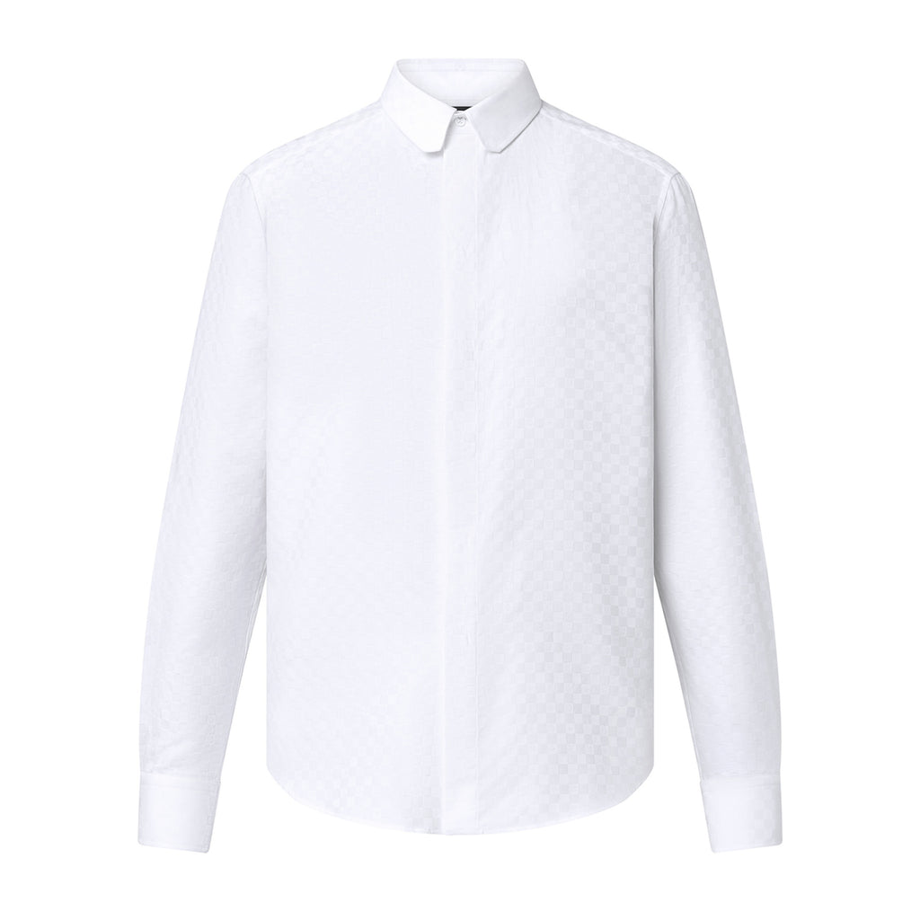 Louis Vuitton Men's DNA Collar Regular Spring and Autumn White Buttoned Lapel Checkerboard Print Long Sleeve Shirt #98172