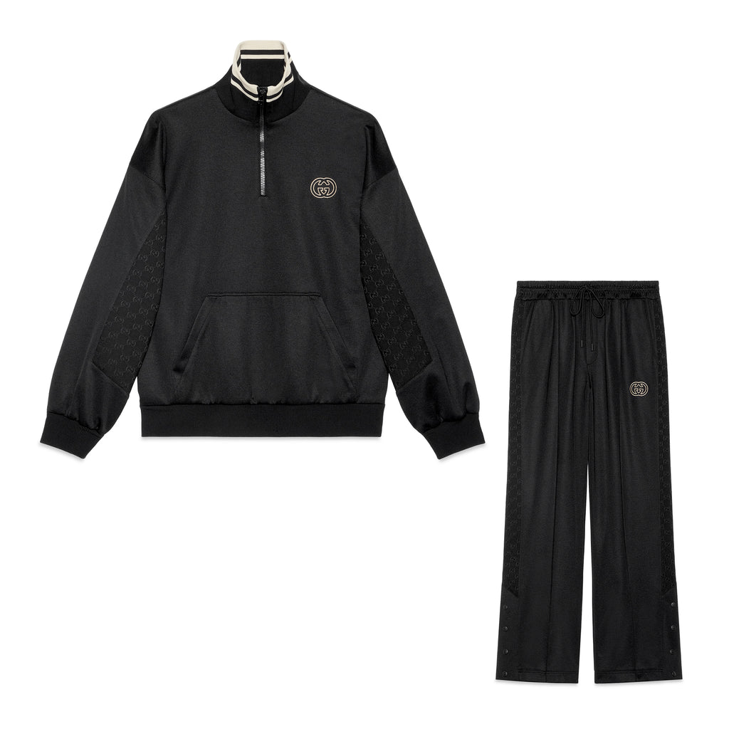 Gucci Men's Spring and Autumn Black Logo Embroidery Zipper Standing Collar Long Sleeve Jacket Elastic Knit Sweatpants Pants Suit Set #98786