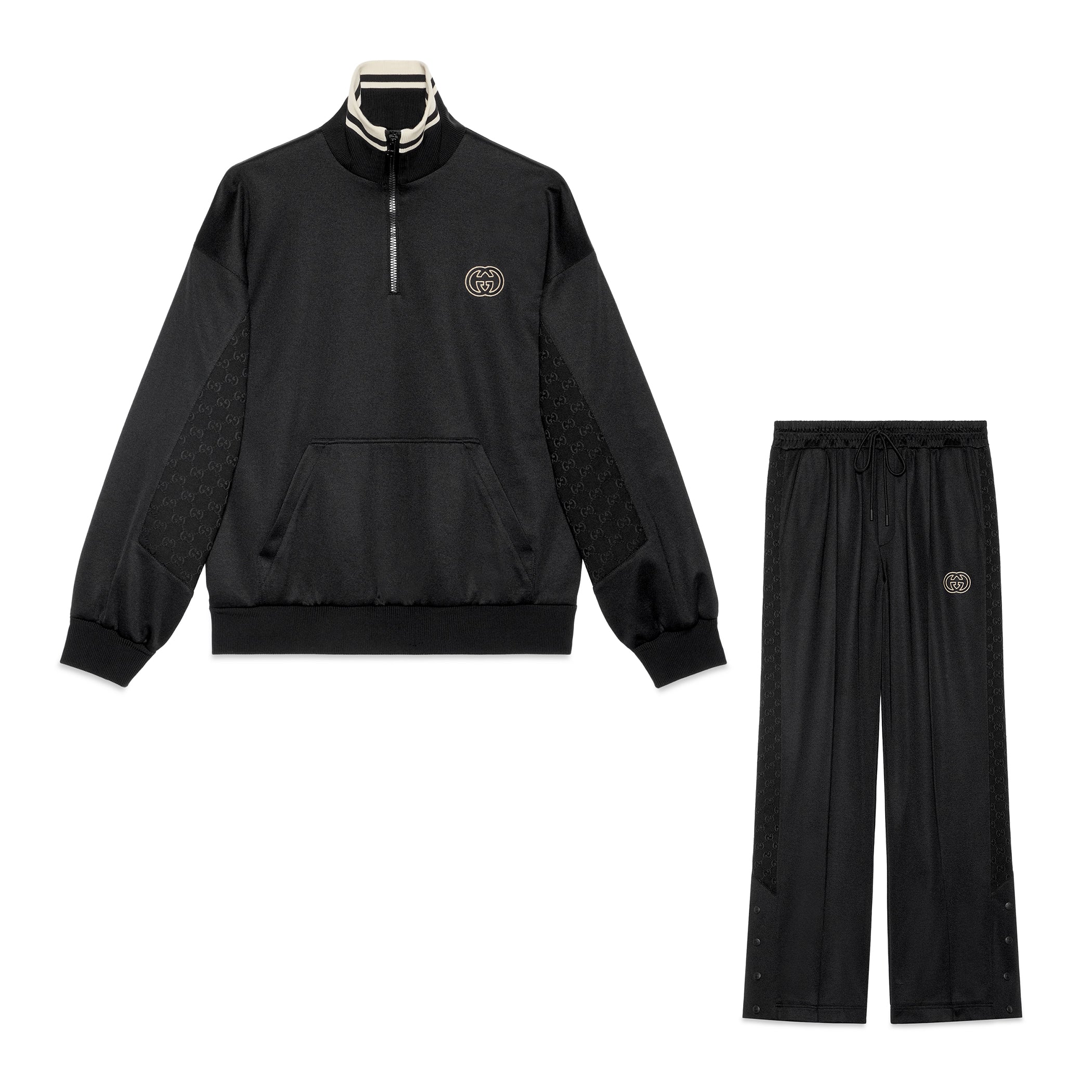 Gucci Men's Spring and Autumn Black Logo Embroidery Zipper Standing Collar Long Sleeve Jacket Elastic Knit Sweatpants Pants Suit Set #98786