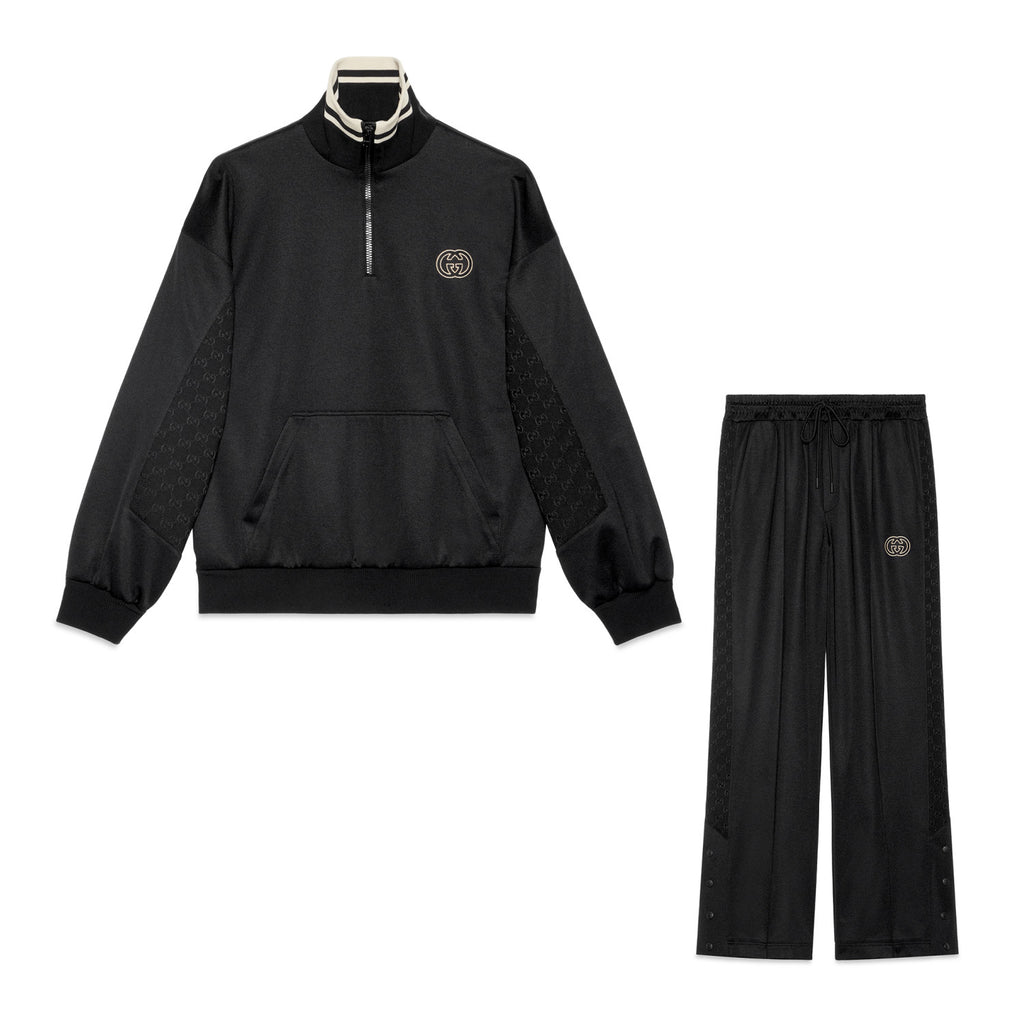 Gucci Men's Spring and Autumn Black Logo Embroidery Zipper Standing Collar Long Sleeve Jacket Elastic Knit Sweatpants Pants Suit Set #98786