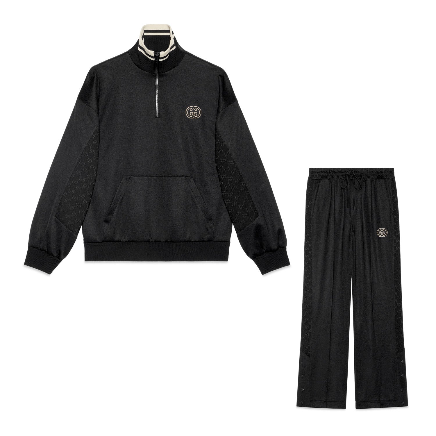 Gucci Men's Spring and Autumn Black Logo Embroidery Zipper Standing Collar Long Sleeve Jacket Elastic Knit Sweatpants Pants Suit Set #98786