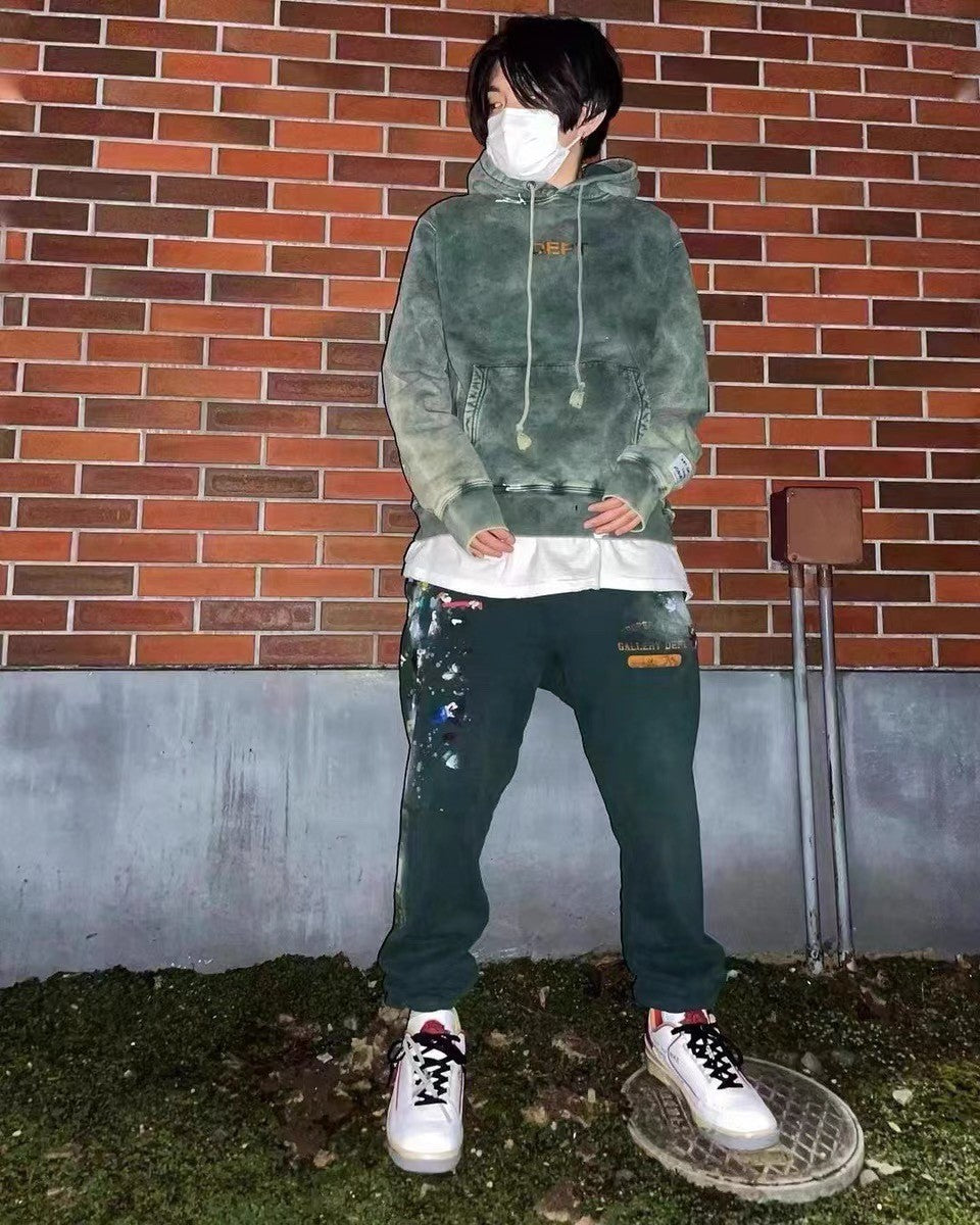 Gallery Dept. Men's Spring And Autumn Graffiti Letters Printing Solid Color Do Old Hooded Sweatshirt Casual Ink Splash Elastic Waist Drawstring Pants Ngvp #9291