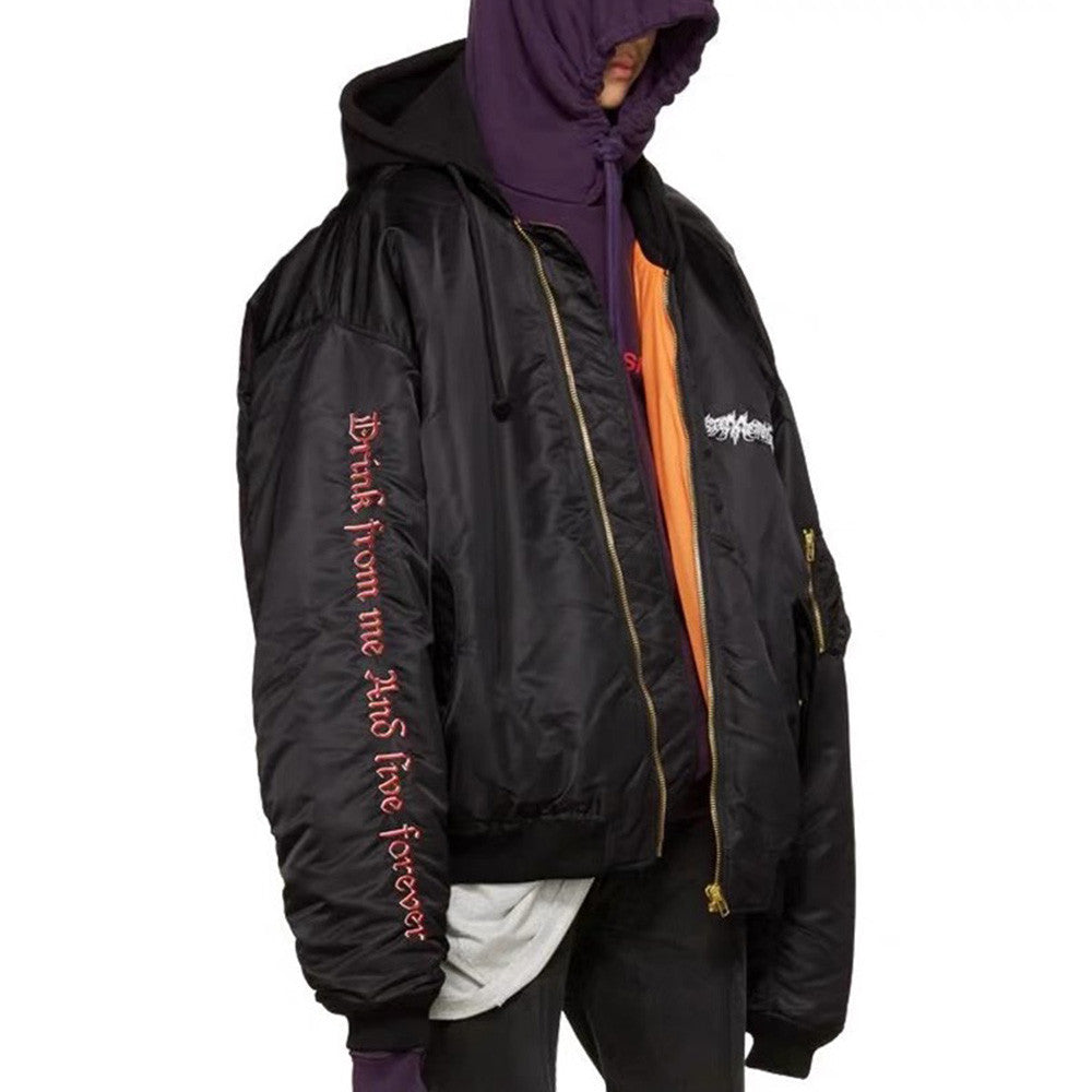 Vetements Men's Fall And Winter Black Embroidered Cotton Long Sleeve Loose Down Jacket Ngvp #6926