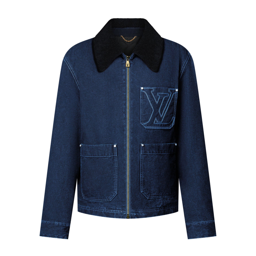 Louis Vuitton Men's Autumn and Winter Solid Color Lamb's wool Embroidered Logo Printed Zipper Closure Splicing Lapel Long Sleeve Jacket #74693