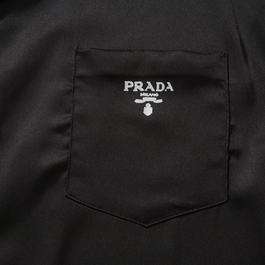 Prada Men's Summer Black Striped Letter Logo Printed Single Breasted Short Sleeve Shirt #99621