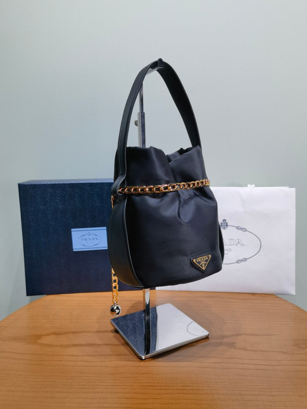 Prada Women's Solid Color Petit Sac Noir Re-Nylon with Nappa Leather Mini Shoulder Bag Bucket Tote Bags #78128