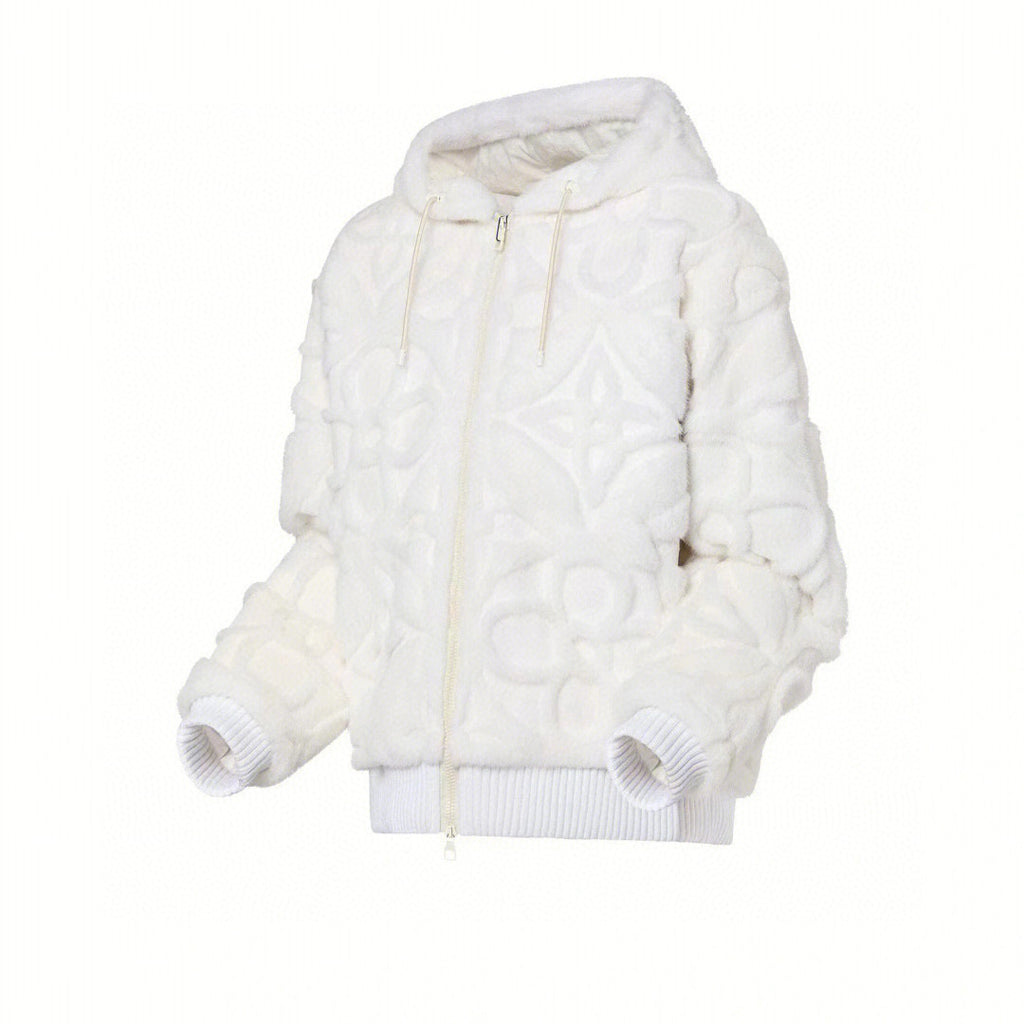 Louis Vuitton Men's And Women's Aged Shearling Embossed Craft Velvet Mink Pure White Zip Jacket #97838