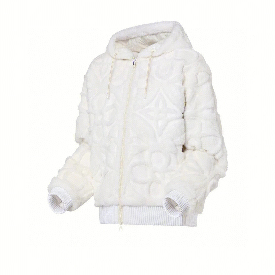 Louis Vuitton Men's And Women's Aged Shearling Embossed Craft Velvet Mink Pure White Zip Jacket #97838
