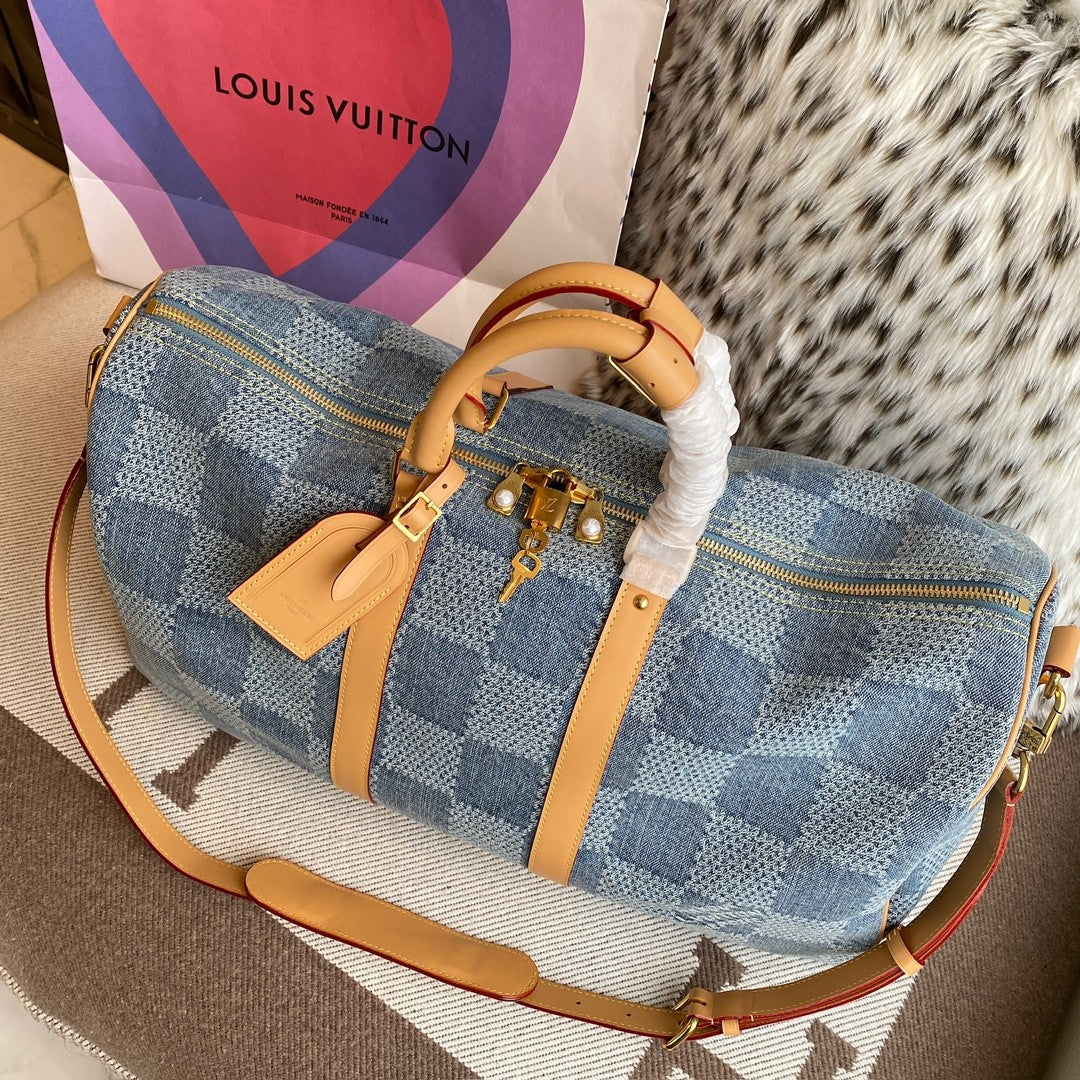 Louis Vuitton Keepall Bandoulière 50 Men's and Women's Detachable Adjustable Shoulder Strap Zipper Closure Denim Step Shoulder Tote Travel Bag Bags #75562