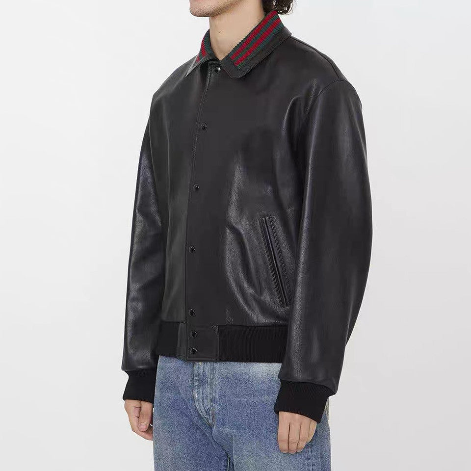 Gucci Men's Fall/Winter Striped Lapel Single Breasted Fitted Long Sleeve Black Leather Jacket Coat #99964