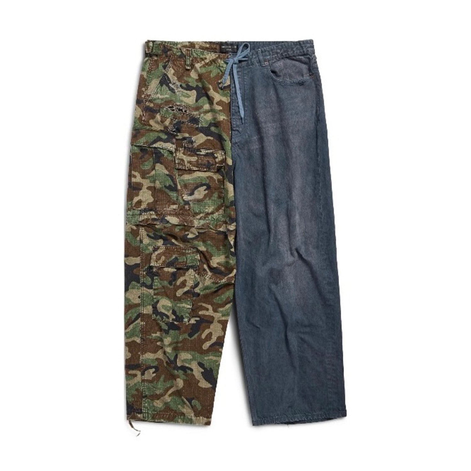 Balenciaga Men's Four Seasons Vintage Washed Camouflage Splicing Frayed Jeans Fashion High Street Straight Wide Leg Work Pants Ngvp #9121