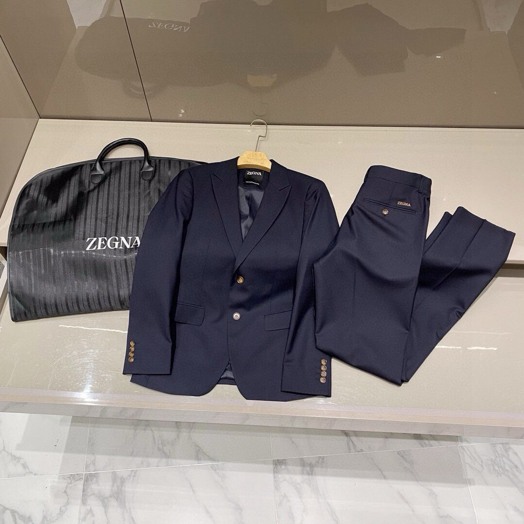 Ermenegildo Zegna  Men'S Spring And Autumn Business Casual Wool Suit Set Navy Blue Temperament Casual Comfortable Formal Suit Jacket Straight Suit Pants Trousers #75986