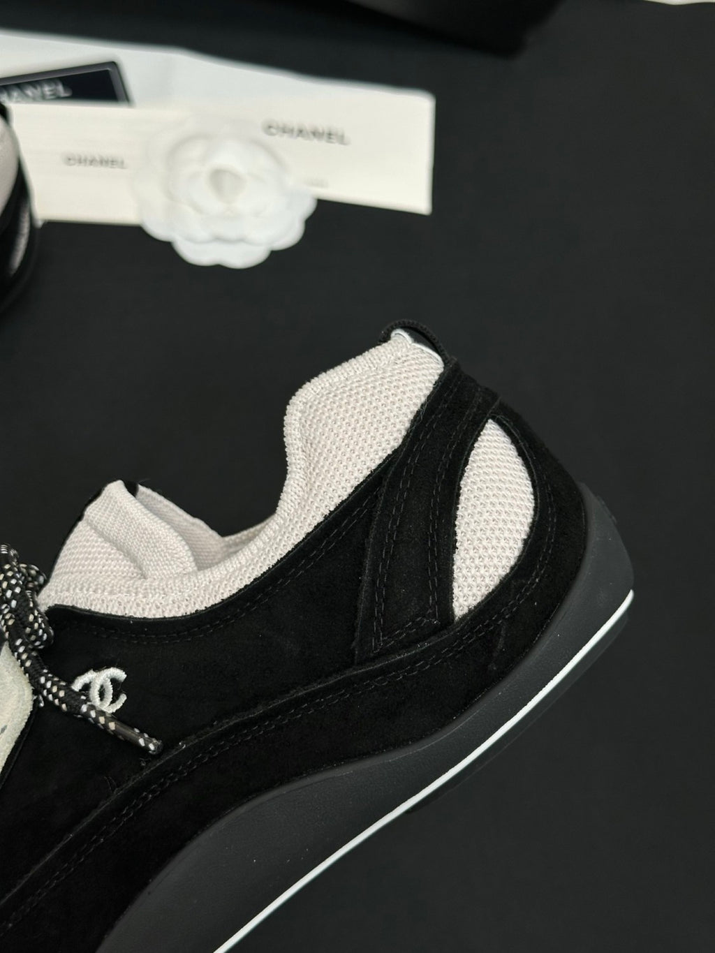 CHANEL Sneakers Velvet Calfskin Mixed Fibers Black White #386496