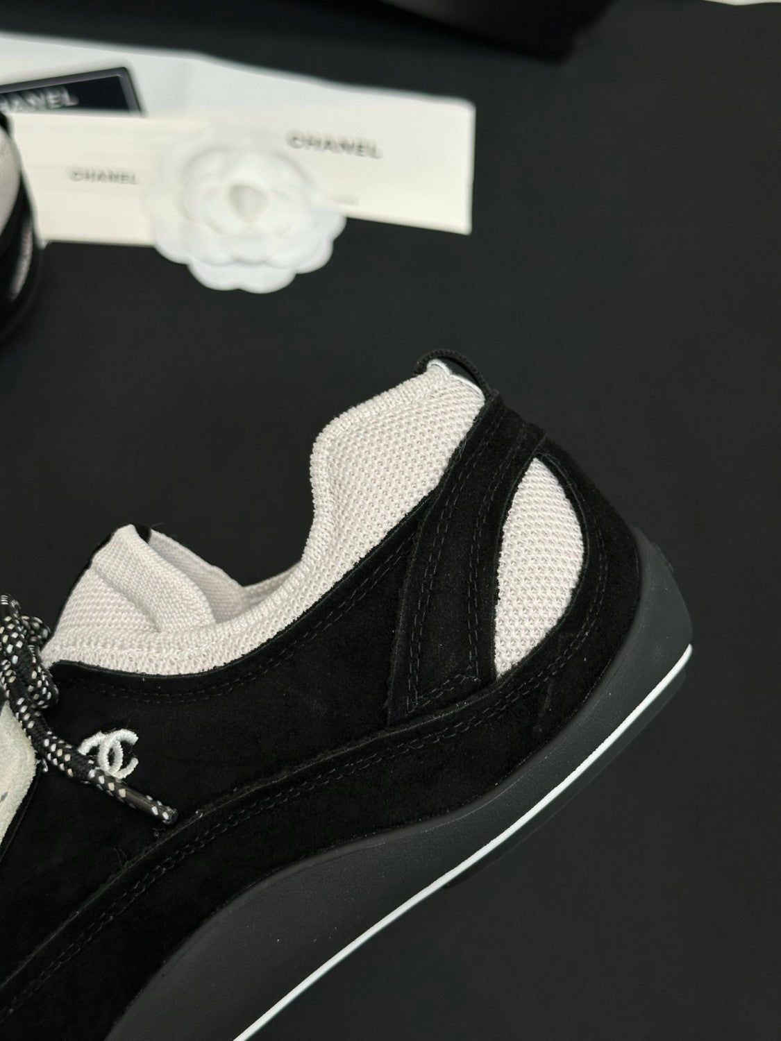 CHANEL Sneakers Velvet Calfskin Mixed Fibers Black White #386496