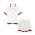 Casablanca Men's Summer Solid Color Skeleton Knit Breathable Single Breasted Short Sleeved Shirt Drawstring Tie Casual Knit Shorts Suit Set #76351
