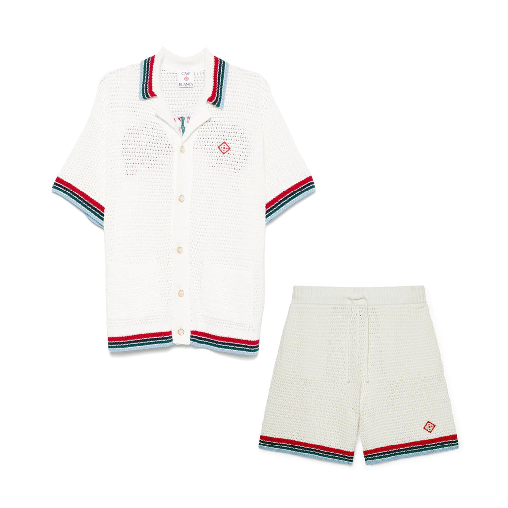 Casablanca Men's Summer Solid Color Skeleton Knit Breathable Single Breasted Short Sleeved Shirt Drawstring Tie Casual Knit Shorts Suit Set #76351