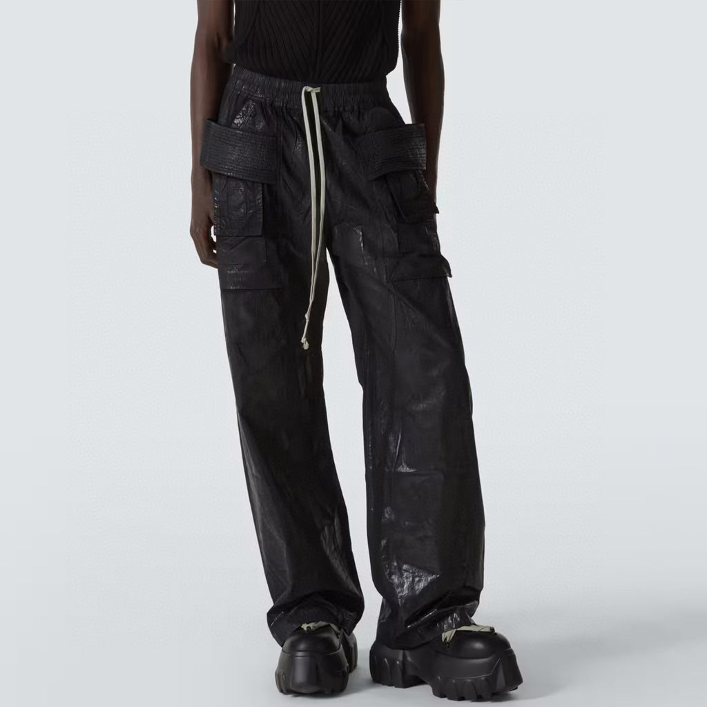 Rick Owens DRKSHDW Men's Spring Summer Waxed Double Loop Wide Leg Trousers Black High Street Shiny Loose Drawstring Straight Leg Trousers Drawstring Pants  Ngvp #1346