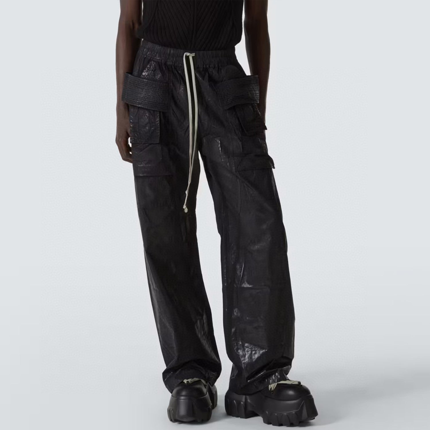 Rick Owens DRKSHDW Men's Spring Summer Waxed Double Loop Wide Leg Trousers Black High Street Shiny Loose Drawstring Straight Leg Trousers Drawstring Pants  Ngvp #1346