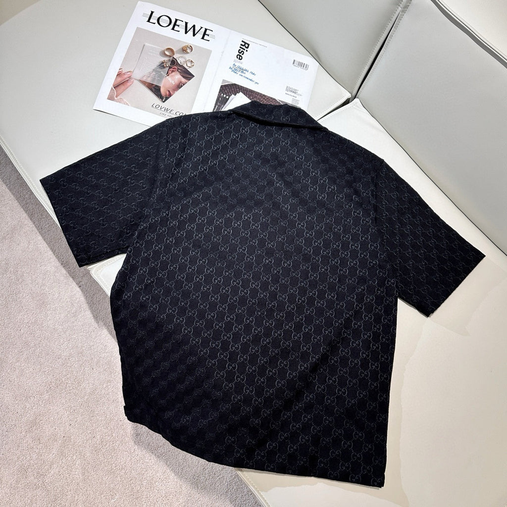 Gucci Men's Summer Black Full Printed Linen Short Sleeve Lapel Cotton Shirt Stretch Shorts Suit Set #98562