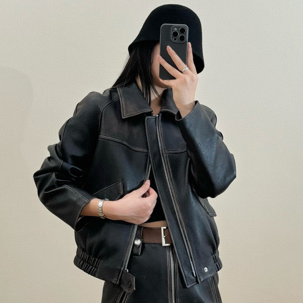 Prada Men's Women's Autumn And Winter Retro High Street Biker Wind Leather Jacket Lapel Zipper Jacket Coat  Ngvp #8946