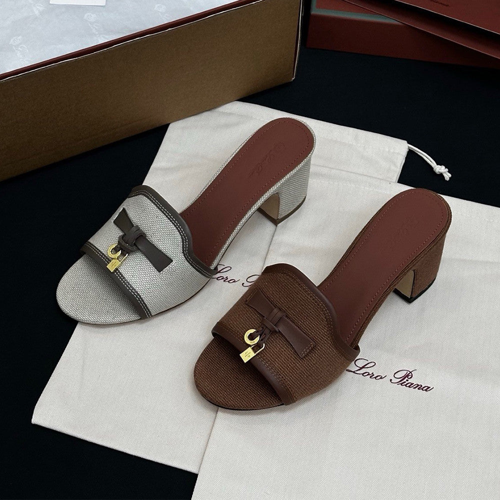 Loro Piana Linen Pendant High Heel Sandals Slippers #381477