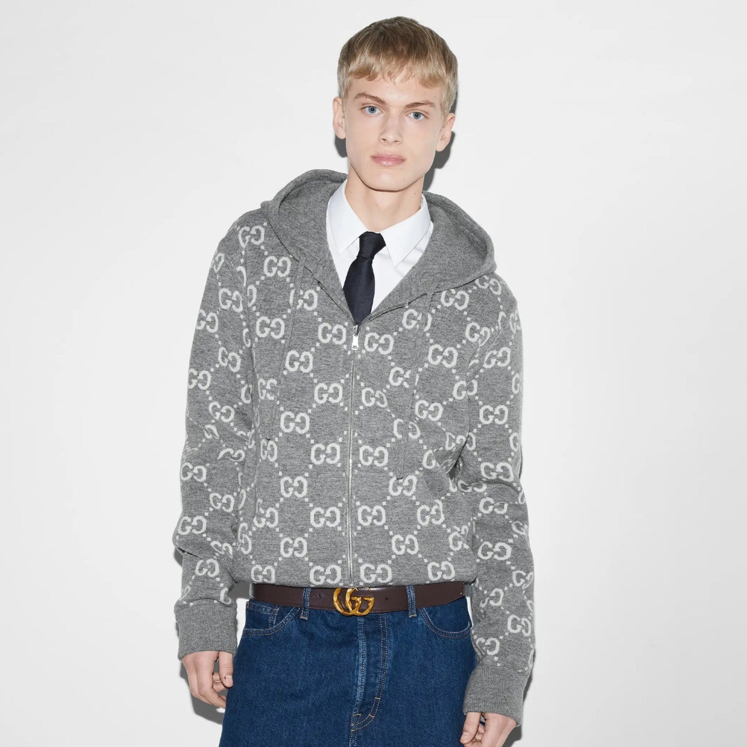 Gucci Men's Autumn and Winter Gray Full Printed Reversible Hooded Zipper Long Sleeve Jacket #74292