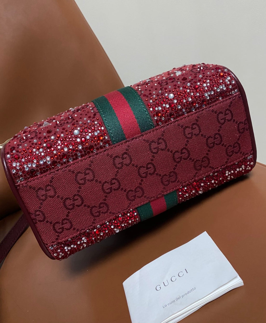 GUCCI Ophidia crystals small boston bag in Rosso Ancora red GG canvas #335872