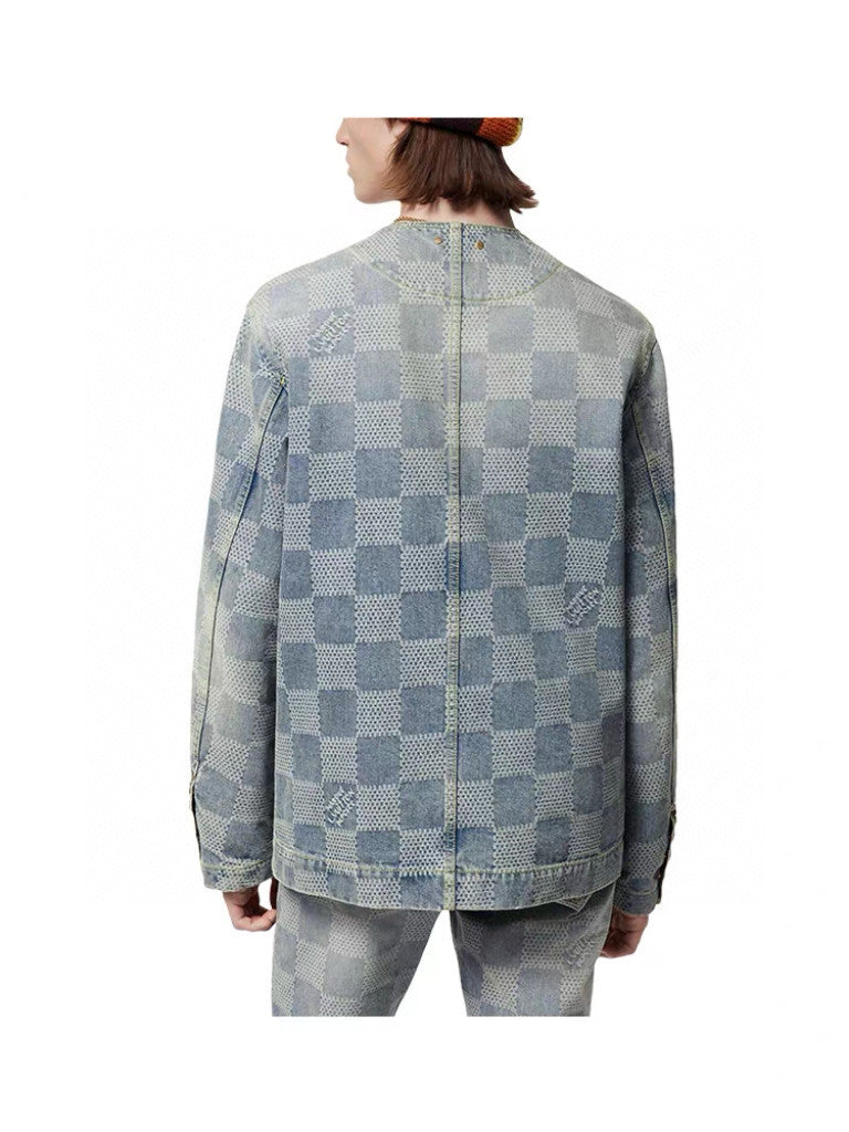 Louis Vuitton Men's Spring And Fall Fashion Plaid Denim Suit Gradient Wash Vintage Round Neck Jacket Casual Flared Pants Set #99297