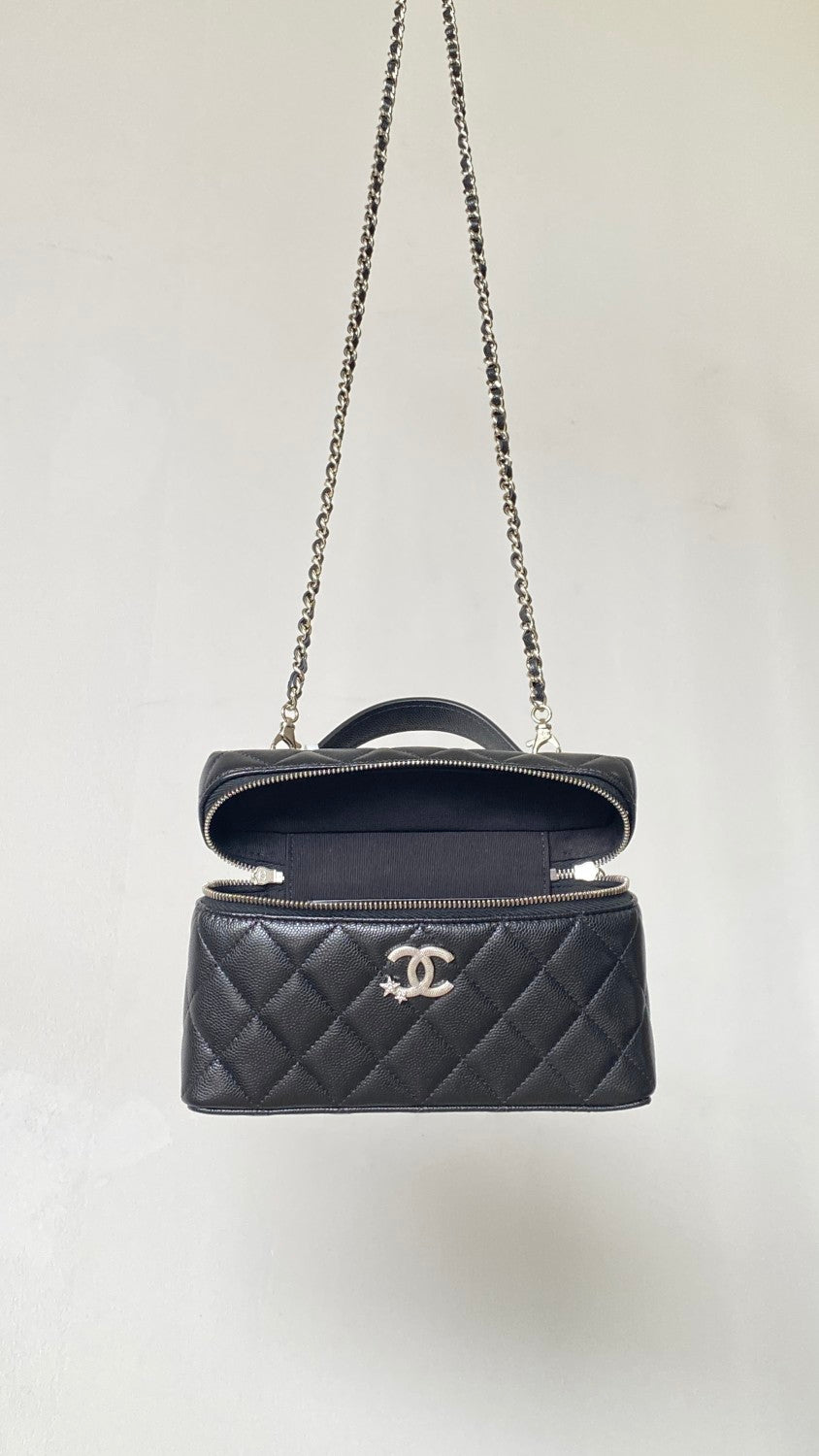 Chanel Women's Solid Color Rhinestone Star Logo Chain Calfskin Handbag Makeup Bag Bags #77689