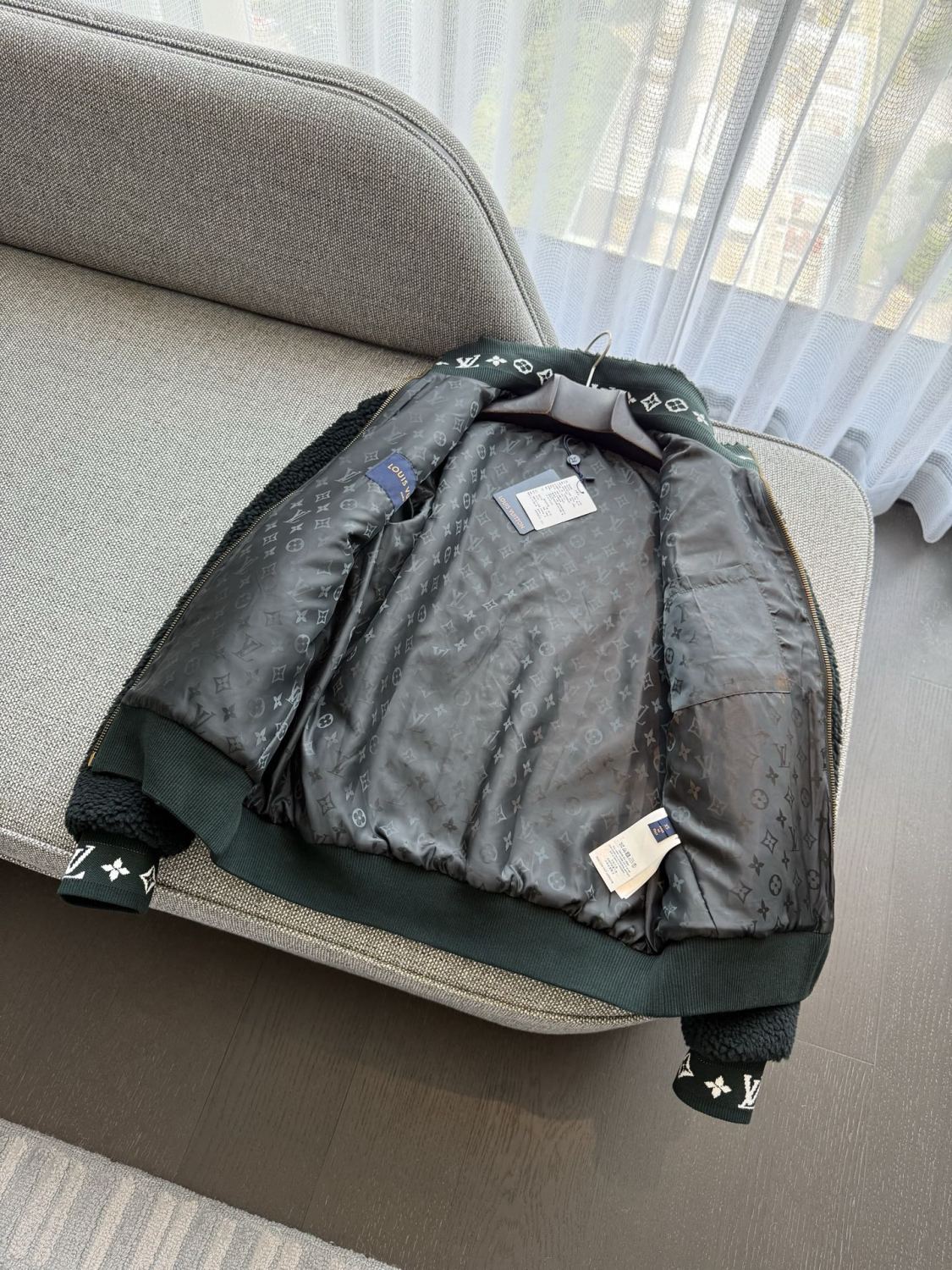 Louis Vuitton Women's and Men's Dark Green Suede Leather Label Teddy Velvet Suede Belted Jacket With Leather Patches #332529