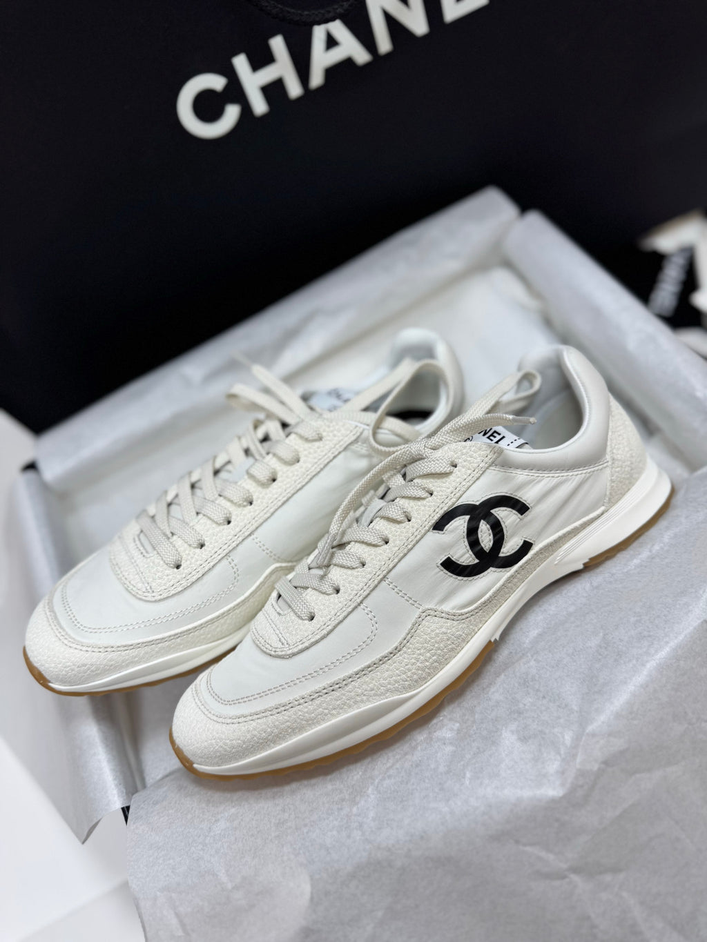 CHANEL Trainers Fabric Embossed Suede Calfskin White Black #381215