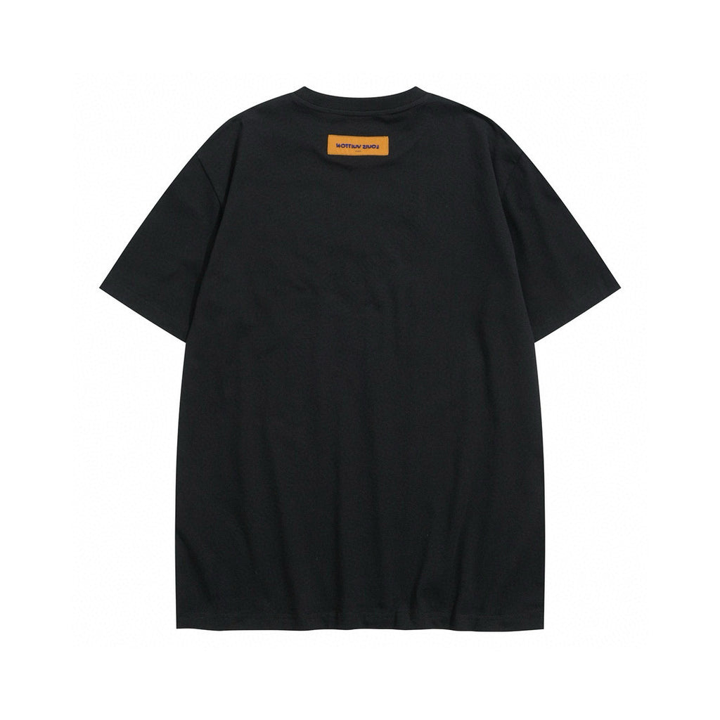 Louis Vuitton Men's Summer Beaded Embroidered Logo Black Round Neck Cotton Short Sleeve T-Shirt #98411
