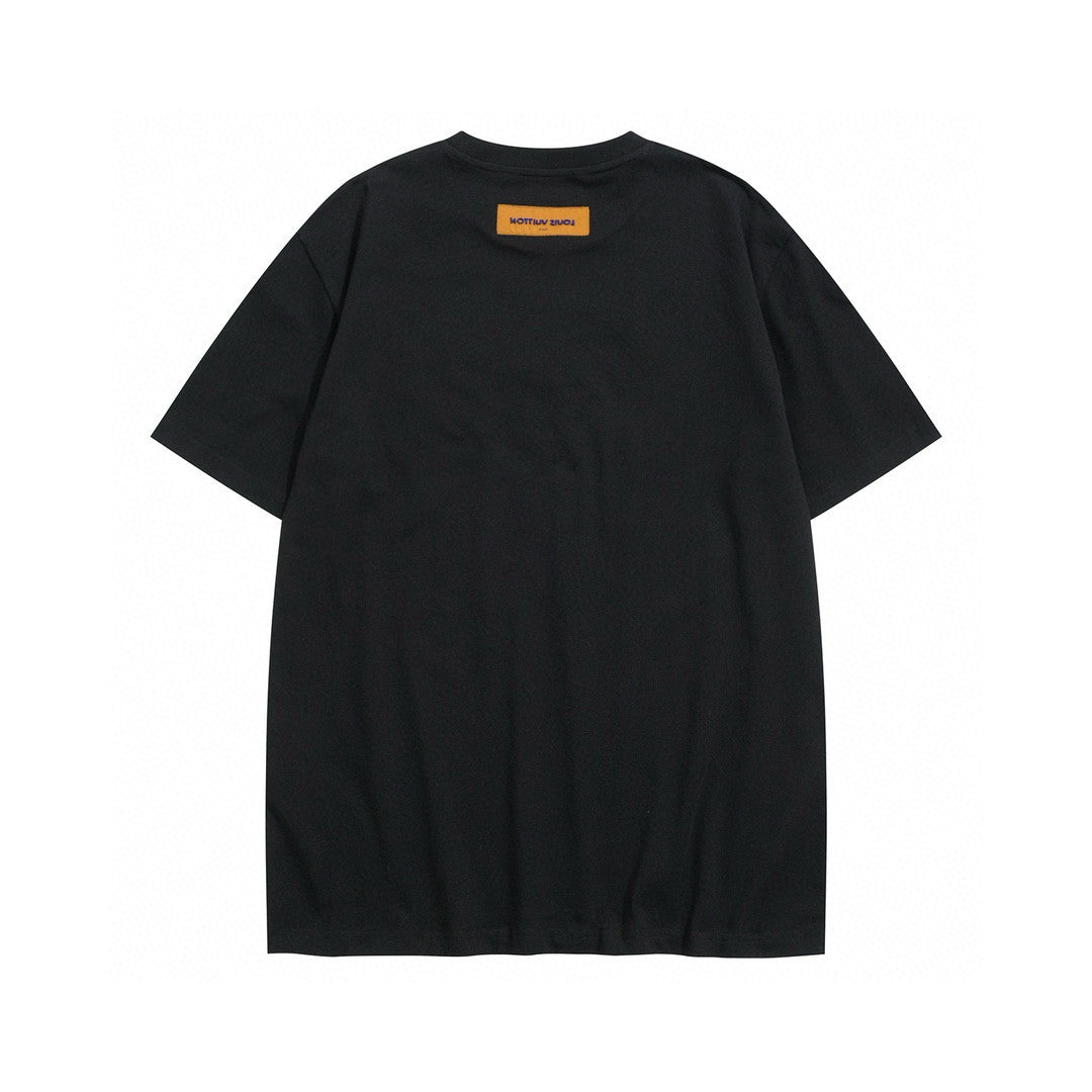 Louis Vuitton Men's Summer Beaded Embroidered Logo Black Round Neck Cotton Short Sleeve T-Shirt #98411