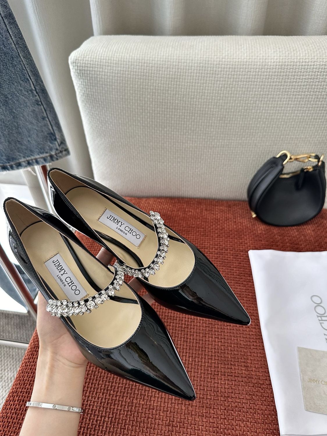JIMMY CHOO BING PUMP 65 Women's Summer Solid Color Crystal Decorated Patent Leather High Heels Shoes #77334