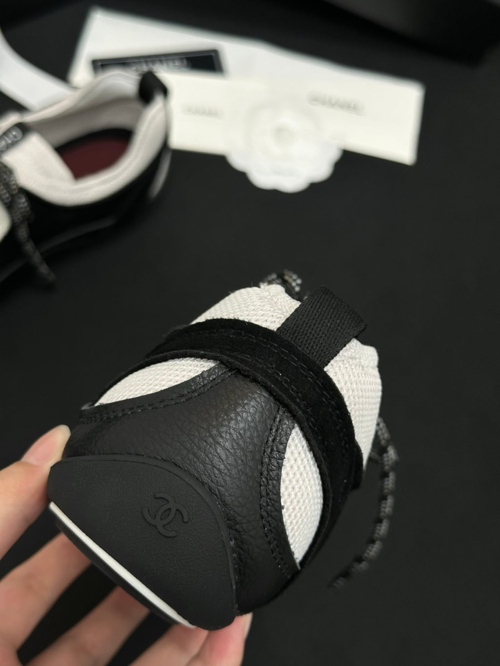 CHANEL Sneakers Velvet Calfskin Mixed Fibers Black White #386505